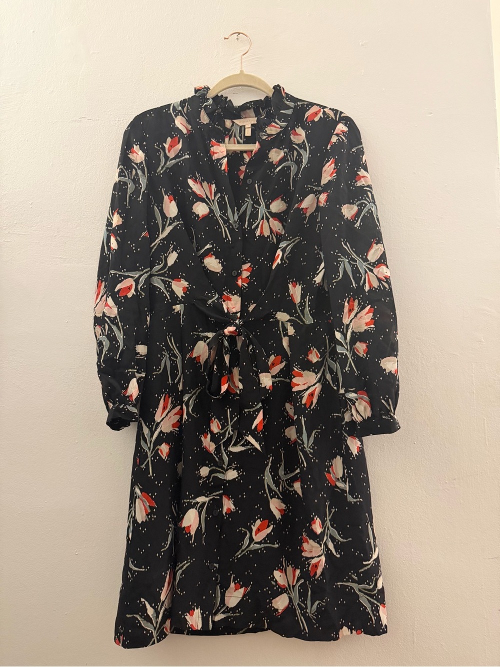 Rebecca Taylor Black Floral silk Tie-Waist Dress size 6 great condition